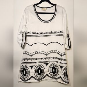 Paper Lace Geometric Print Tunic Dress | Size S | White Black Cotton Boho Summer